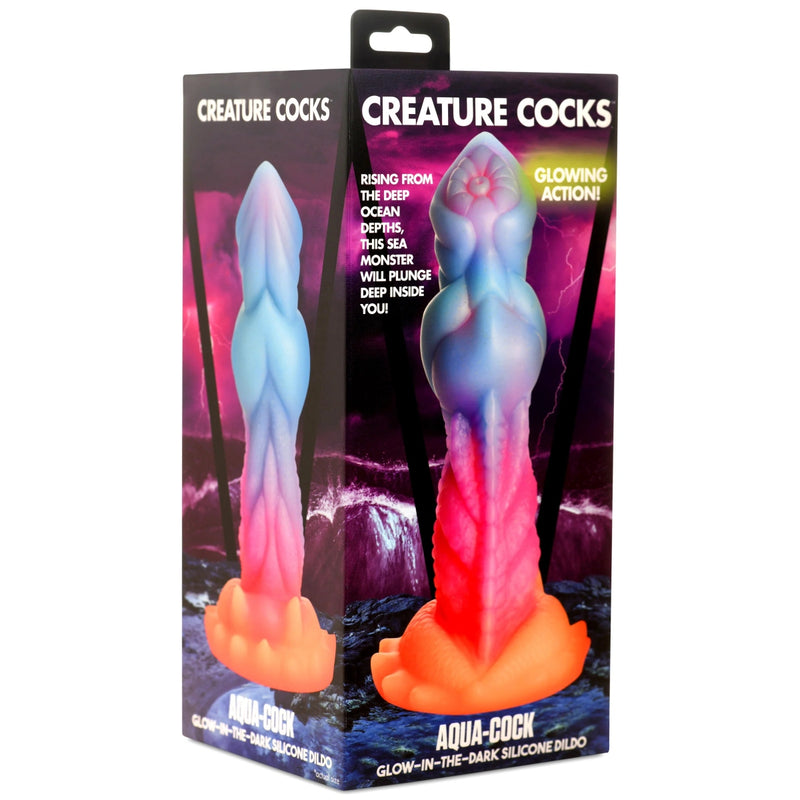 Load image into Gallery viewer, Creature Cocks Aqua-Cock Glow In The Dark Silicone Dildo Blue Pink Orange
