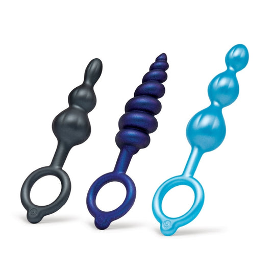 b-Vibe Beaded Butties Bundle 3 Piece Anal Butt Plug Set Black Purple Blue