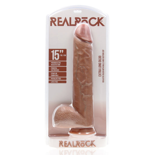 RealRock Extra Long Dildo With Balls Tan 15 Inch