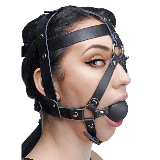 Master Series Leather Head Harness With Ball Gag Black