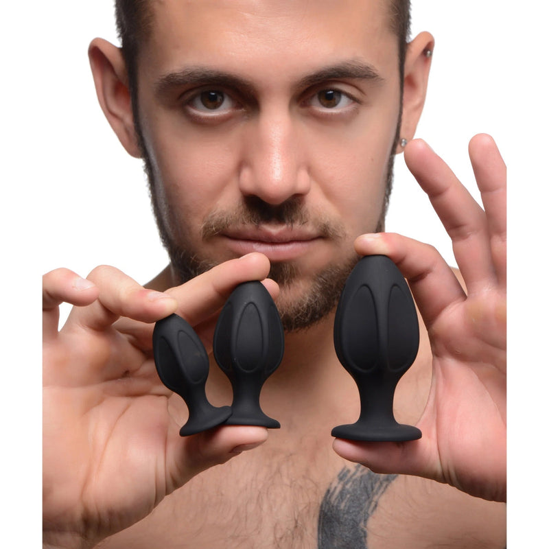 Load image into Gallery viewer, Master Series Triple Juicers Silicone Anal Trainer Butt Plug Set Black
