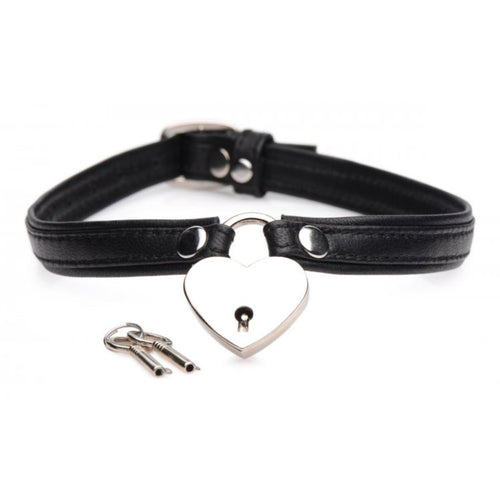 Master Series Heart Lock Leather Choker With Lock & Key Black