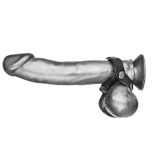 Side View Product On Dildo - Blue Line V Style Cock Ring With Ball Divider Black - Simply Pleasure