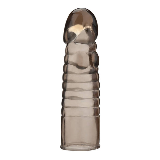 Front View Product - Blue Line Ribbed Realistic Penis Enhancing Sleeve Extension 6 Inch - Simply Pleasure