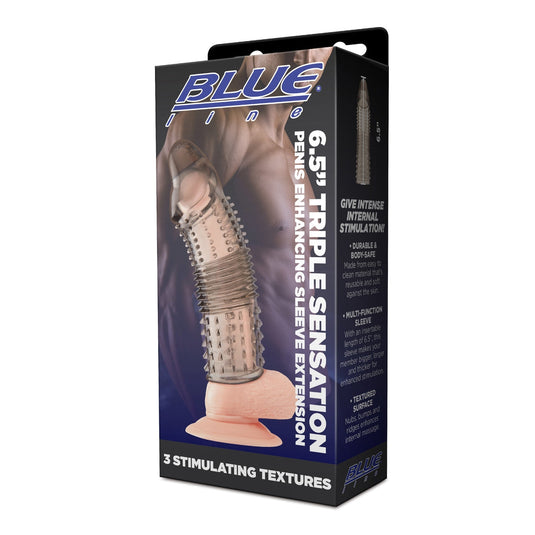 Blue Line Triple Sensation Penis Enhancing Sleeve Extension 6.5 Inch - Simply Pleasure