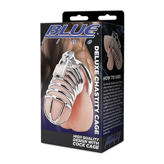 Blue Line Deluxe Chastity Cage Silver - Simply Pleasure