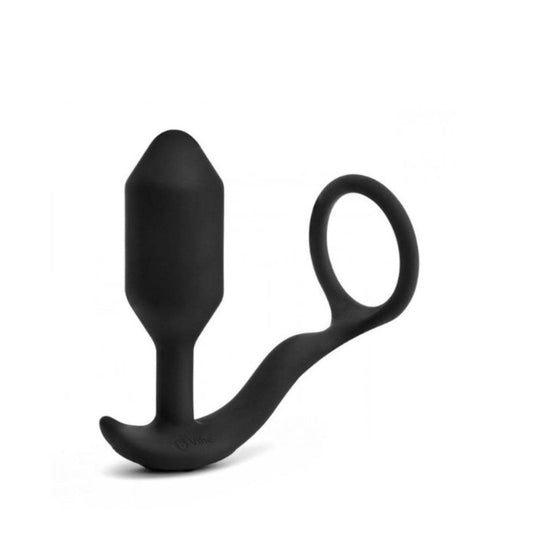 b-Vibe Snug & Tug Vibrating Weighted Silicone Butt Plug & Cock Ring Black - Simply Pleasure