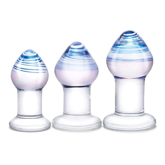 Glas Pleasure Droplets Anal Training Butt Plug Kit Clear 3.25 Inch 3.5 Inch 4 Inch