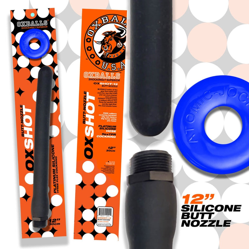 Load image into Gallery viewer, Oxballs Oxshot Butt Nozzle Shower Hose 12 Inch With Atomic Jock Cock Ring Blue
