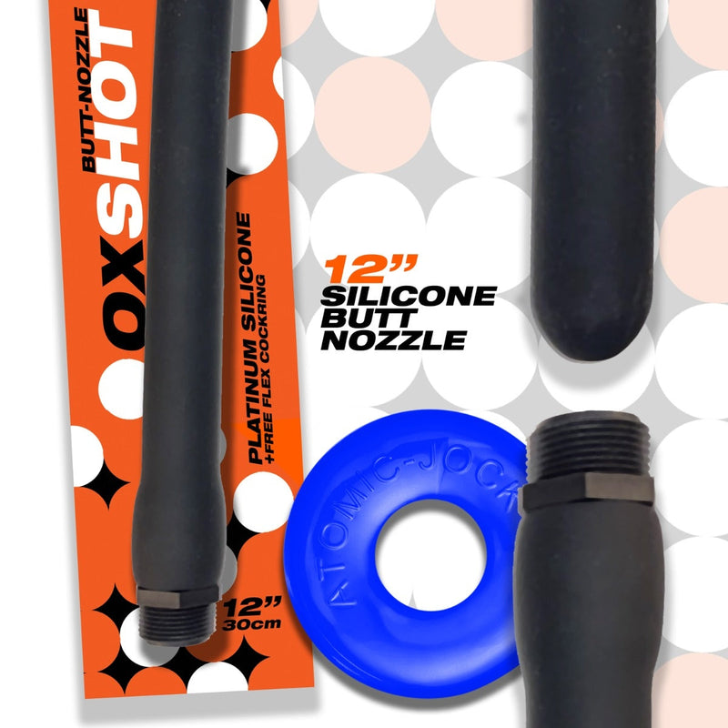 Load image into Gallery viewer, Oxballs Oxshot Butt Nozzle Shower Hose 12 Inch With Atomic Jock Cock Ring Blue
