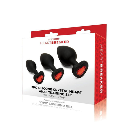 Whipsmart Heartbreaker 3 Piece Silicone Crystal Heart Anal Training Butt Plug Kit Black Red