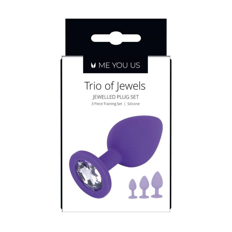Load image into Gallery viewer, Front View Packaging - Me You Us Trio Of Jewels Jewelled Butt Plug Set Purple - Simply Pleasure
