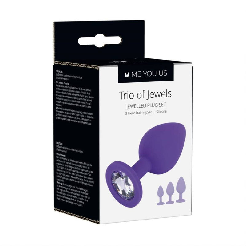 Load image into Gallery viewer, Front Side Packaging View - Me You Us Trio Of Jewels Jewelled Butt Plug Set Purple - Simply Pleasure
